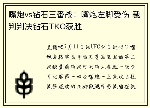 嘴炮vs钻石三番战！嘴炮左脚受伤 裁判判决钻石TKO获胜