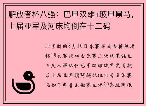 解放者杯八强：巴甲双雄+玻甲黑马，上届亚军及河床均倒在十二码